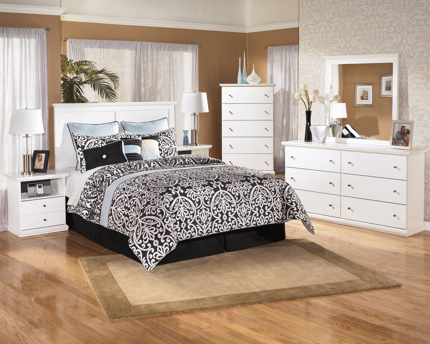Bostwick Shoals Queen/Full Panel Headboard with Mirrored Dresser, Chest and Nightstand